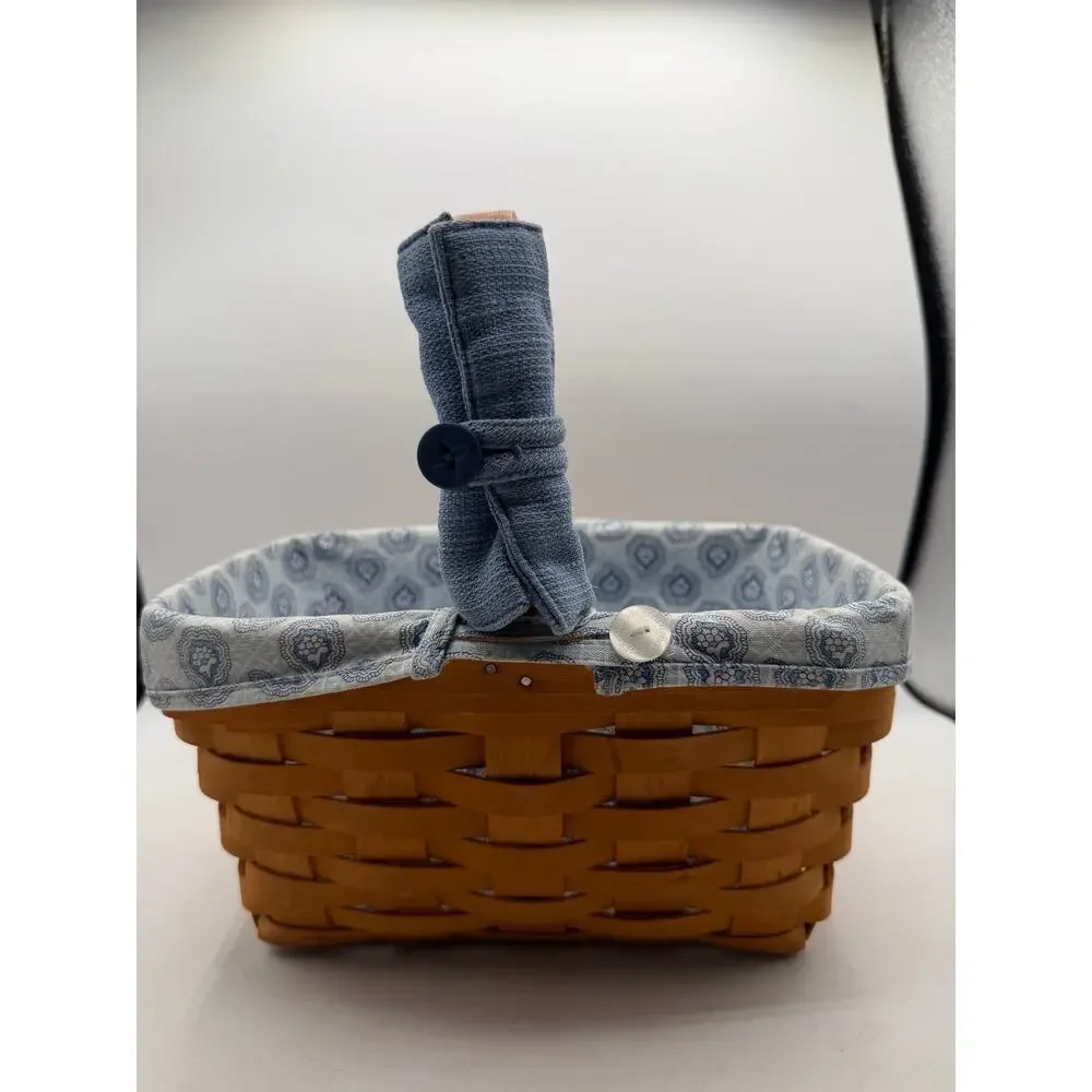 Vintage 2001 Longaberger Handwoven Wood Basket Dresden Ohio - Blue Fabric Liner⁠